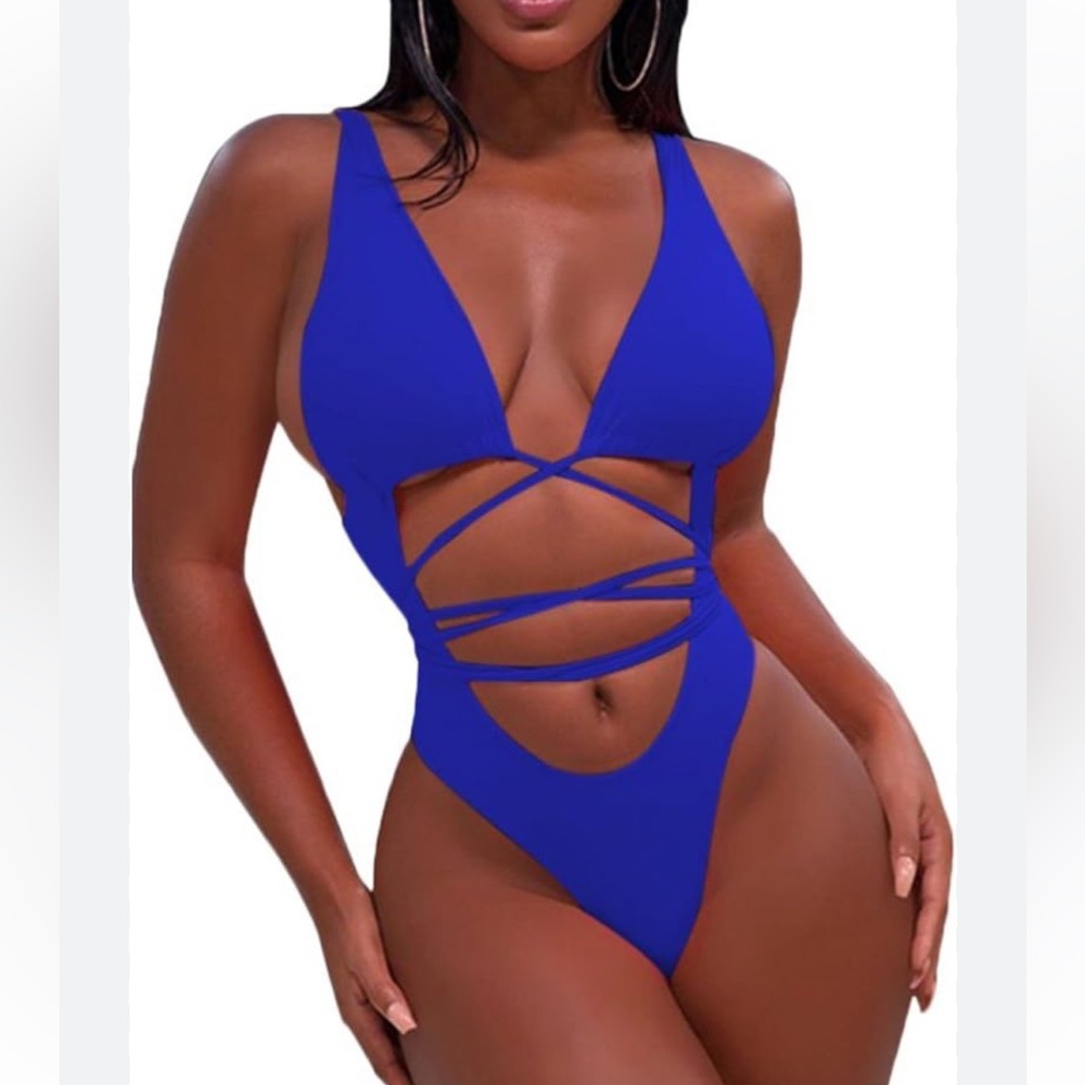 New tie front one piece blue swim suit size M